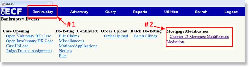 Mortgage How to access the Modification Mediation menu in CM/ECF