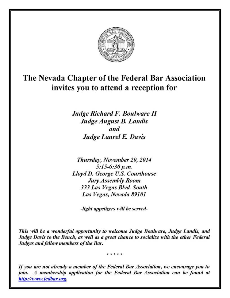 Invitation to the reception for Judge Boulware II, Judge Landis and Judge Davis